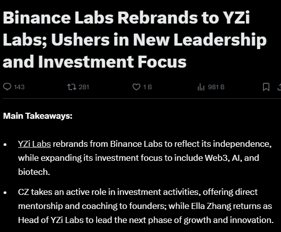 Binance Labs, YZi Labs olarak yeniden markalaşıyor