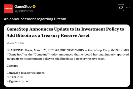 GameStop’un Yönetim Kurulu Bitcoin’i Resmen Onayladı